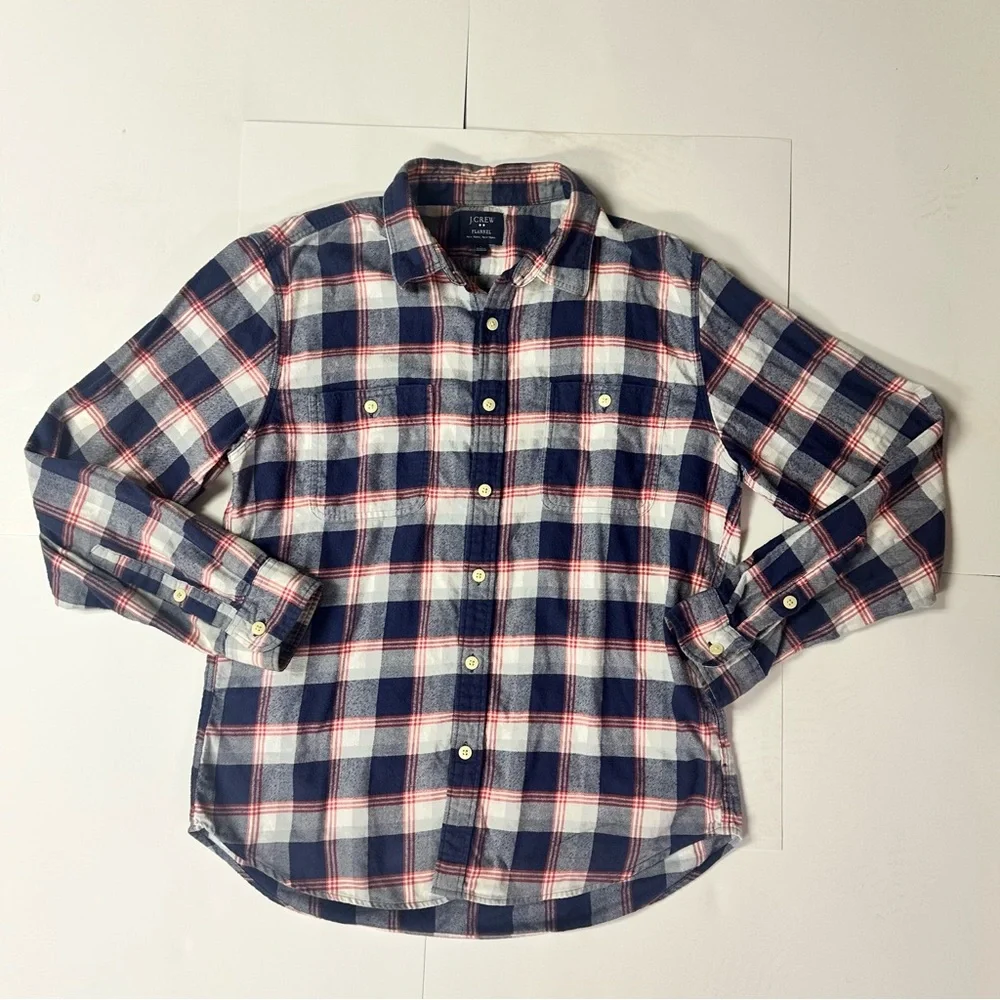J. Crew Men's Navy and Red Plaid Button Down Flannel Shirt, L